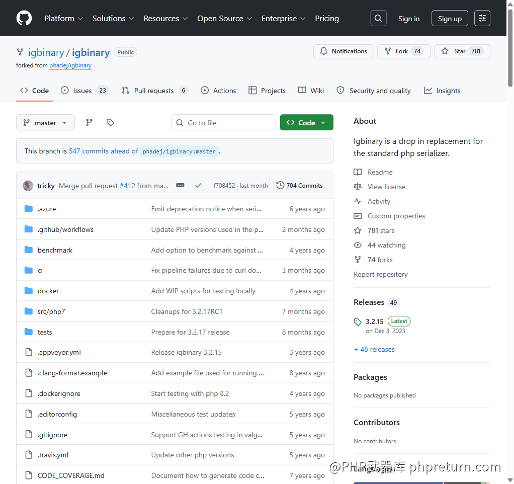 igbinary GitHub 仓库首页