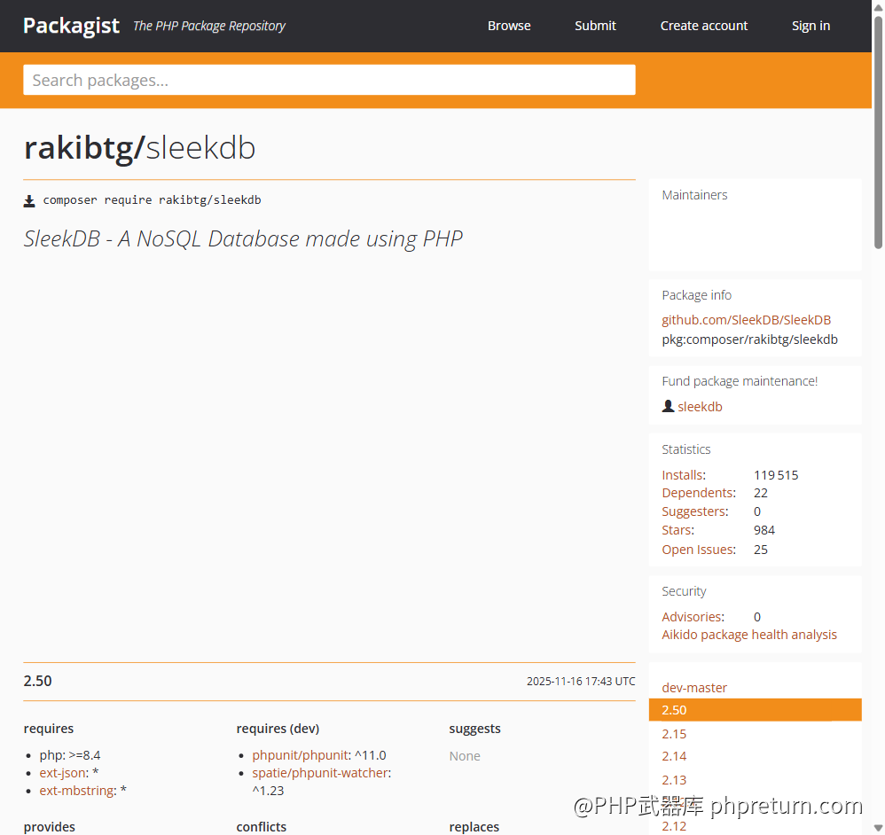 SleekDB Packagist 页面，累计安装 11.9 万次